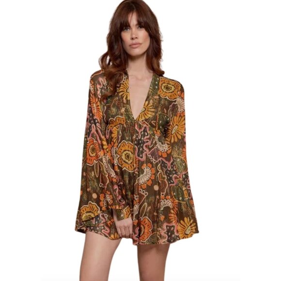 NWOT Sundress REVOLVE Maud Brown Mini Dress Retro Floral Flare Sleeve XS Tall - Picture 1 of 15